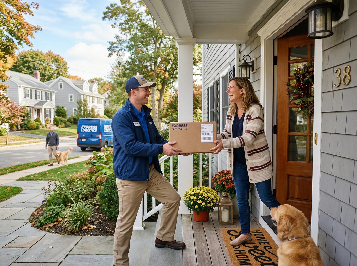 Delivery driver handing package to customer