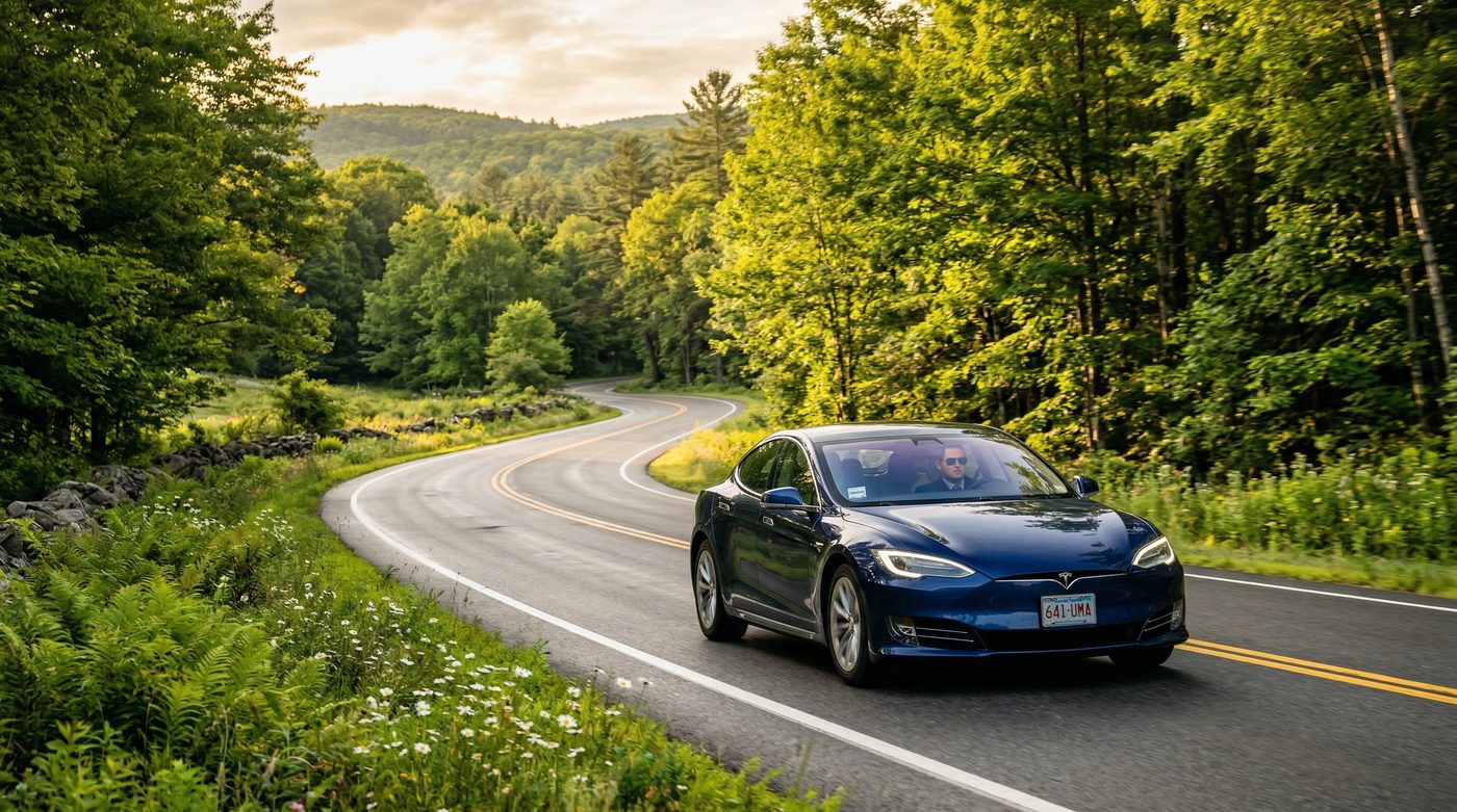 Professional rideshare car on a New England road
