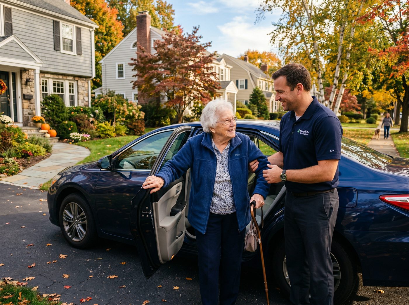 Driver assisting elderly woman into car